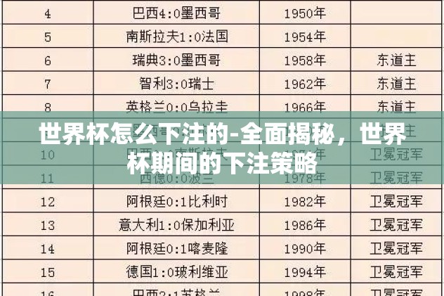 世界杯怎么下注的-全面揭秘，世界杯期间的下注策略